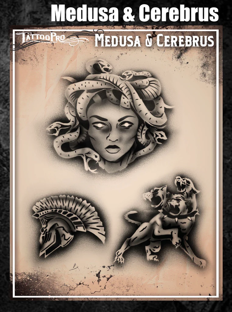 Tattoo Pro™ Wiser's Airbrush TattooPro Stencil – Medusa & Cerebrus 3 Tattoo Pro™ Wiser's Airbrush TattooPro Stencil – Medusa & Cerebrus