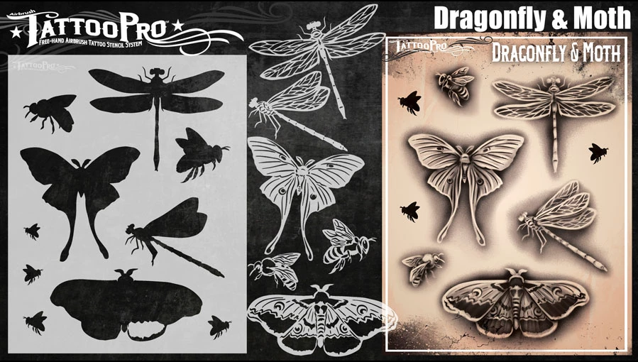 Tattoo Pro™ Wiser's Airbrush TattooPro Stencil – Dragonfly And Moth 4 Tattoo Pro™ Wiser's Airbrush TattooPro Stencil – Dragonfly And Moth - Afbeelding 2